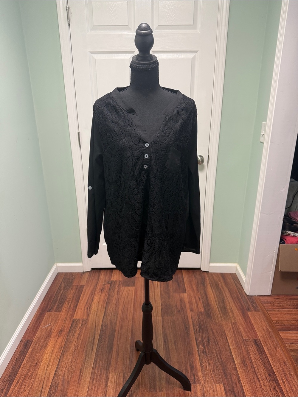 Black Lace-Front V-Neck Long Sleeve Blouse